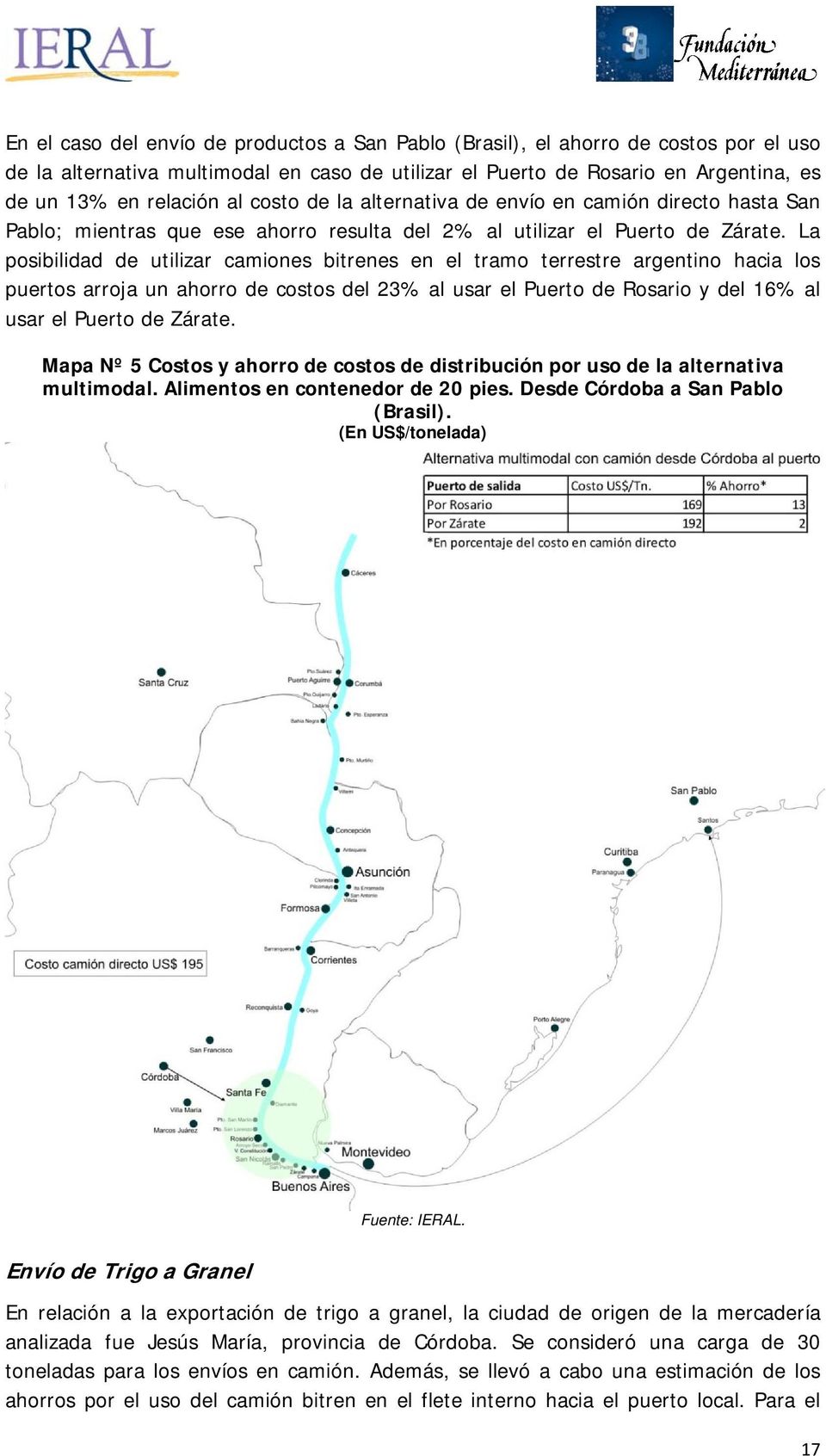 La posibilidad de utilizar camiones bitrenes en el tramo terrestre argentino hacia los puertos arroja un ahorro de costos del 23% al usar el Puerto de Rosario y del 16% al usar el Puerto de Zárate.