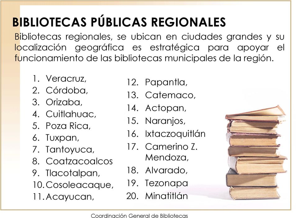 Orizaba, 4. Cuitlahuac, 5. Poza Rica, 6. Tuxpan, 7. Tantoyuca, 8. Coatzacoalcos 9. Tlacotalpan, 10.Cosoleacaque, 11.