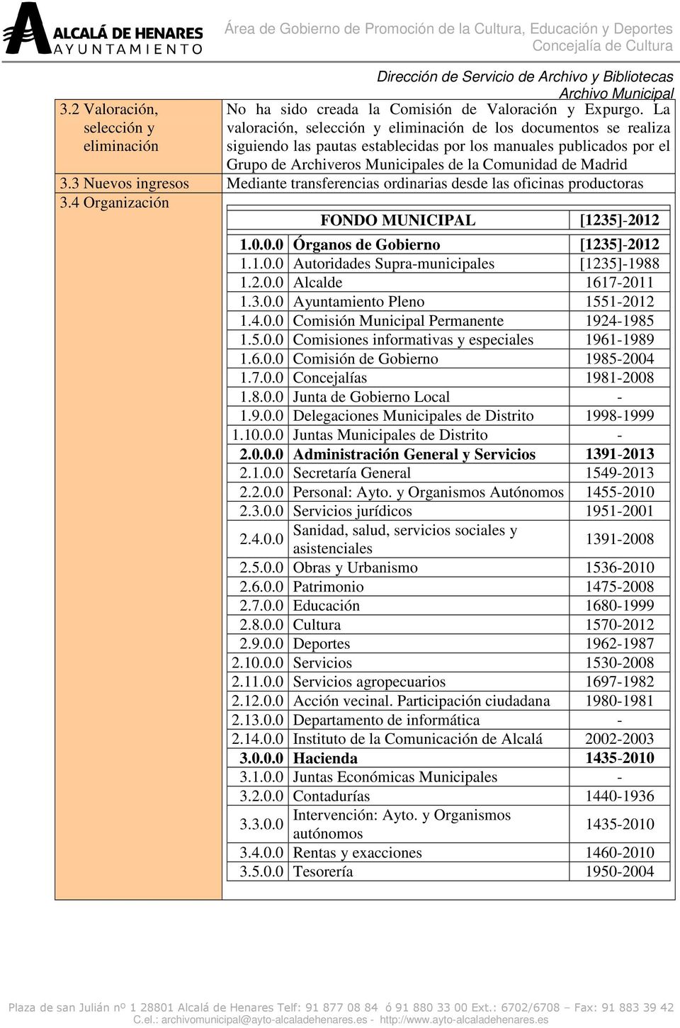 3 Nuevos ingresos Mediante transferencias ordinarias desde las oficinas productoras 3.4 Organización FONDO MUNICIPAL [1235]-2012 1.0.0.0 Órganos de Gobierno [1235]-2012 1.1.0.0 Autoridades Supra-municipales [1235]-1988 1.