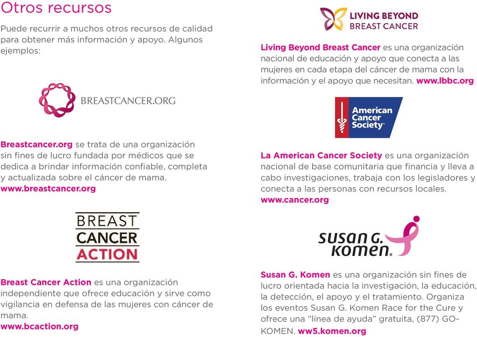 www.lbbc.org Breastcancer.org se trata de una organización sin fines de lucro fundada por médicos que se dedica a brindar información confiable, completa y actualizada sobre el cáncer de mama. www.