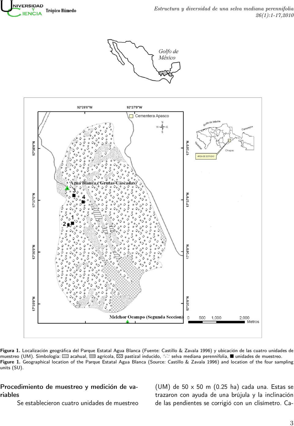 Simbología: acahual, agrícola, pastizal inducido, selva mediana perennifolia, unidades de muestreo. Figure 1.