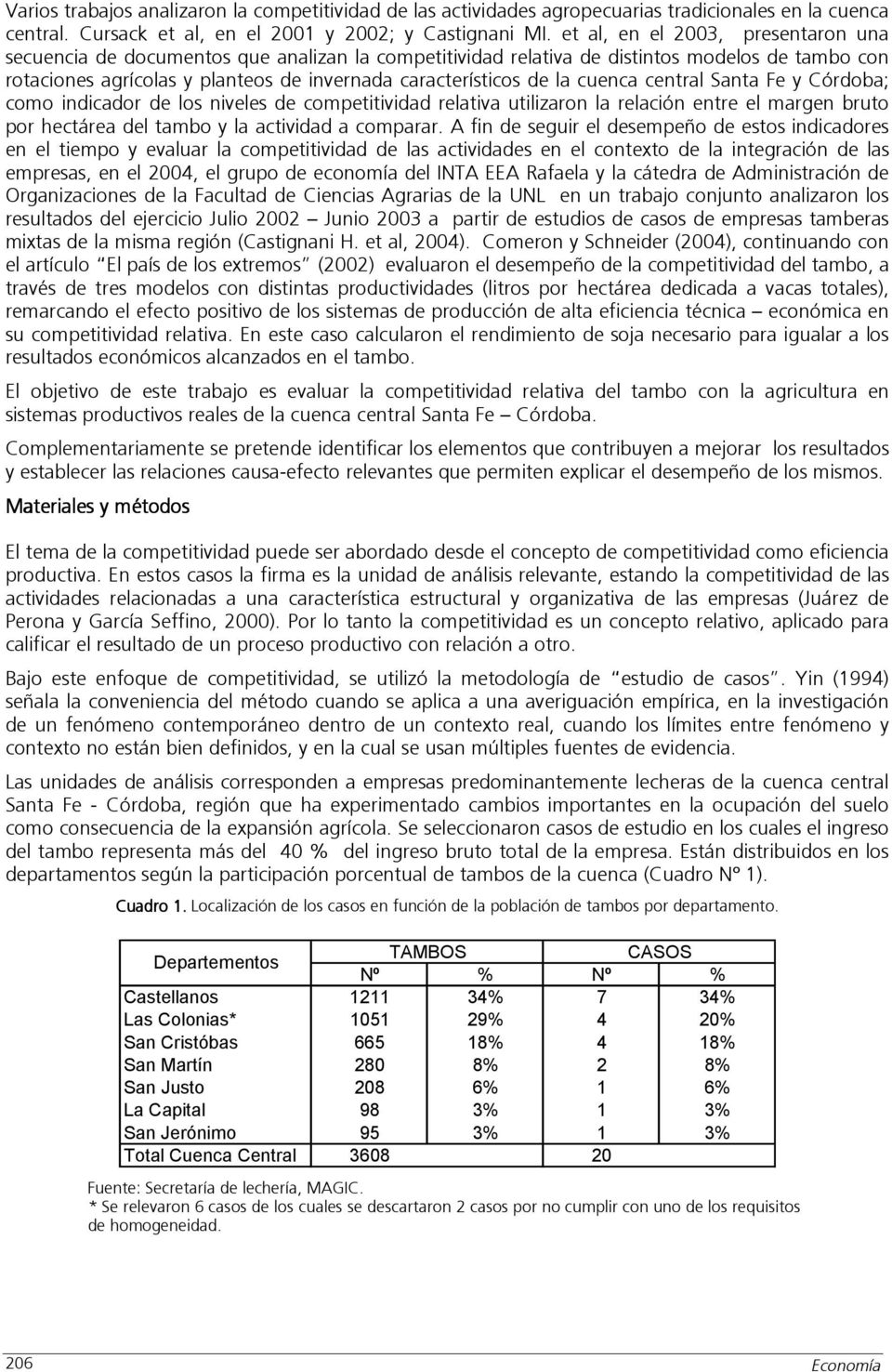 cuenca central Santa Fe y Córdoba; como indicador de los niveles de competitividad relativa utilizaron la relación entre el margen bruto por hectárea del tambo y la actividad a comparar.