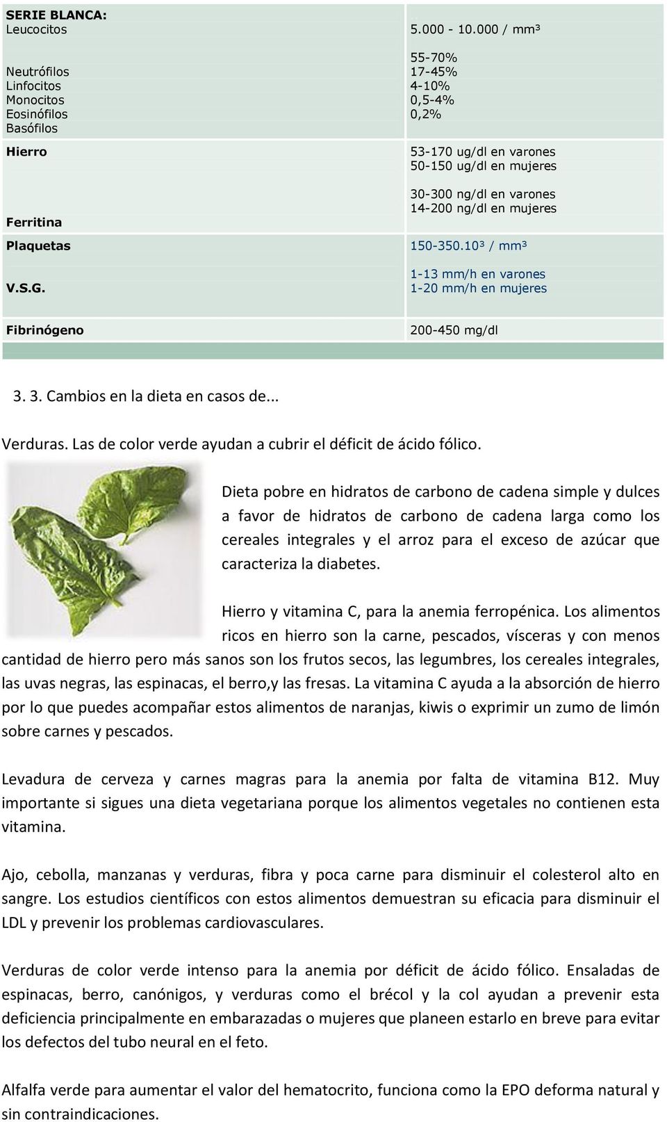 10³ / mm³ 1-13 mm/h en varones 1-20 mm/h en mujeres Fibrinógeno 200-450 mg/dl. 3. 3. Cambios en la dieta en casos de... Verduras. Las de color verde ayudan a cubrir el déficit de ácido fólico.
