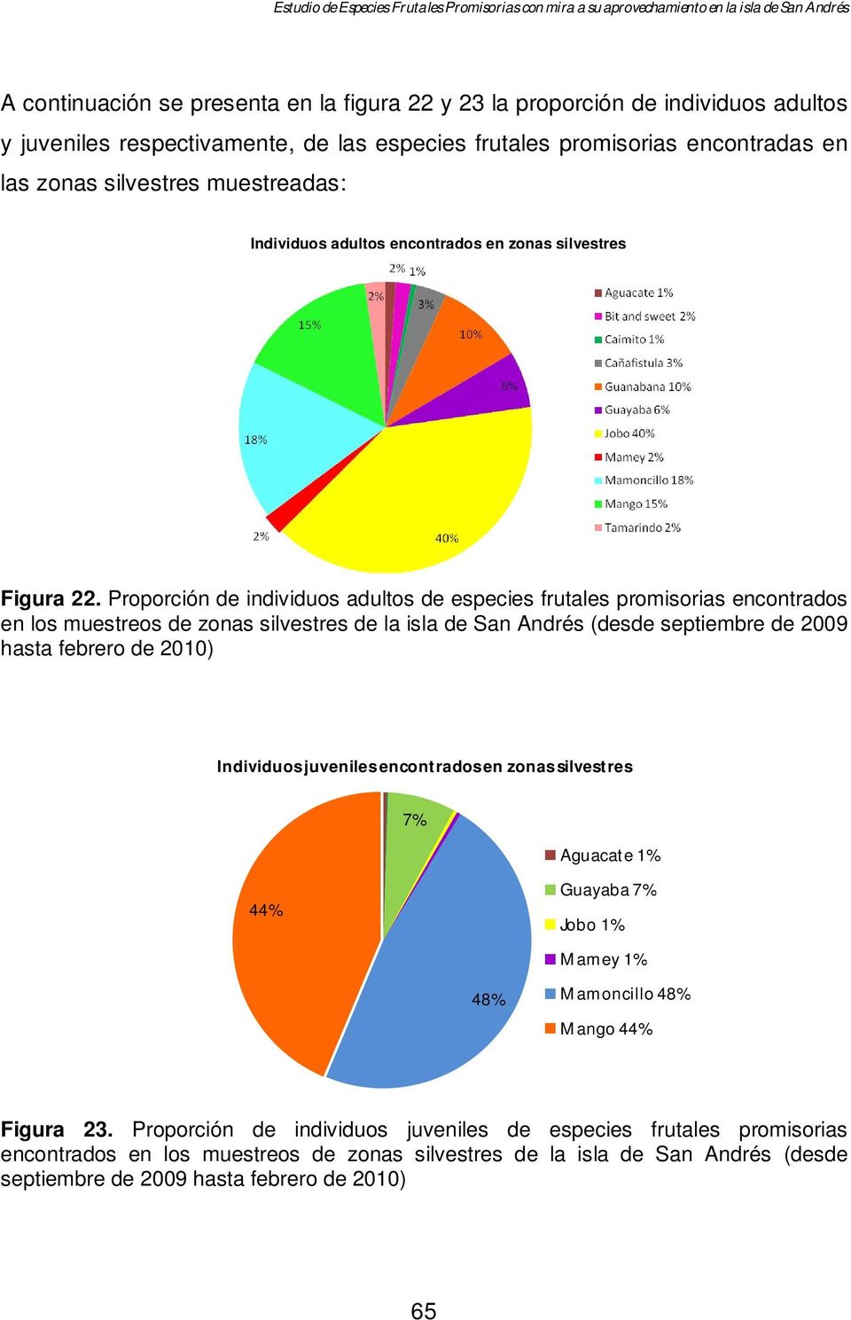 Proporción de individuos adultos de especies frutales promisorias encontrados en los muestreos de zonas silvestres de la isla de San Andrés (desde septiembre de 2009 hasta febrero de 2010)