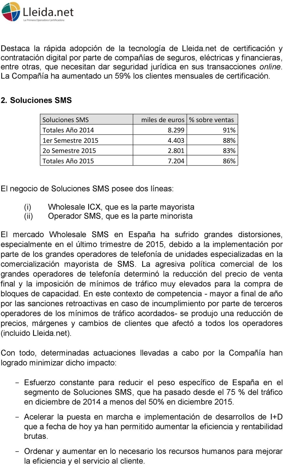 La Compañía ha aumentado un 59% los clientes mensuales de certificación. 2. Soluciones SMS Soluciones SMS miles de euros % sobre ventas Totales Año 2014 8.299 91% 1er Semestre 2015 4.