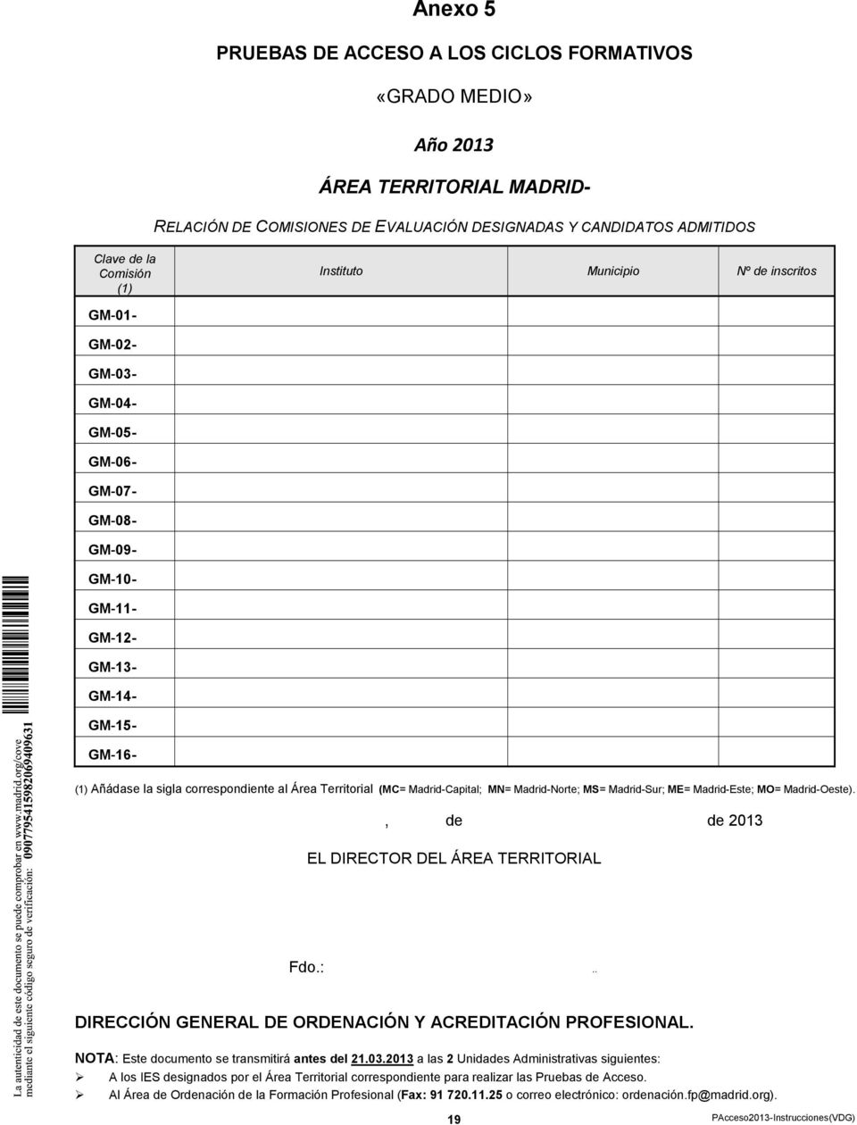 (MC= Madrid-Capital; MN= Madrid-Norte; MS= Madrid-Sur; ME= Madrid-Este; MO= Madrid-Oeste)., de de 2013 EL DIRECTOR DEL ÁREA TERRITORIAL Fdo.:.
