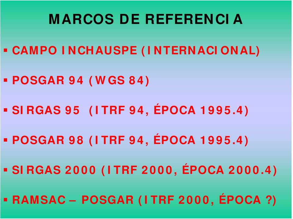 4) POSGAR 98 (ITRF 94, ÉPOCA 1995.