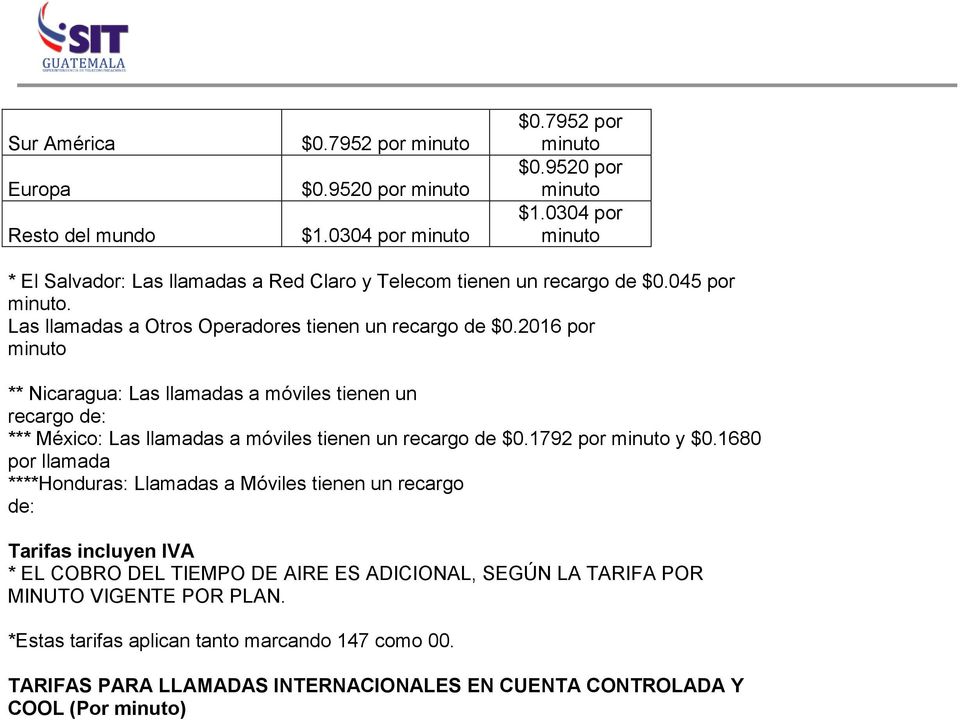 2016 por minuto ** Nicaragua: Las llamadas a móviles tienen un recargo de: *** México: Las llamadas a móviles tienen un recargo de $0.1792 por minuto y $0.