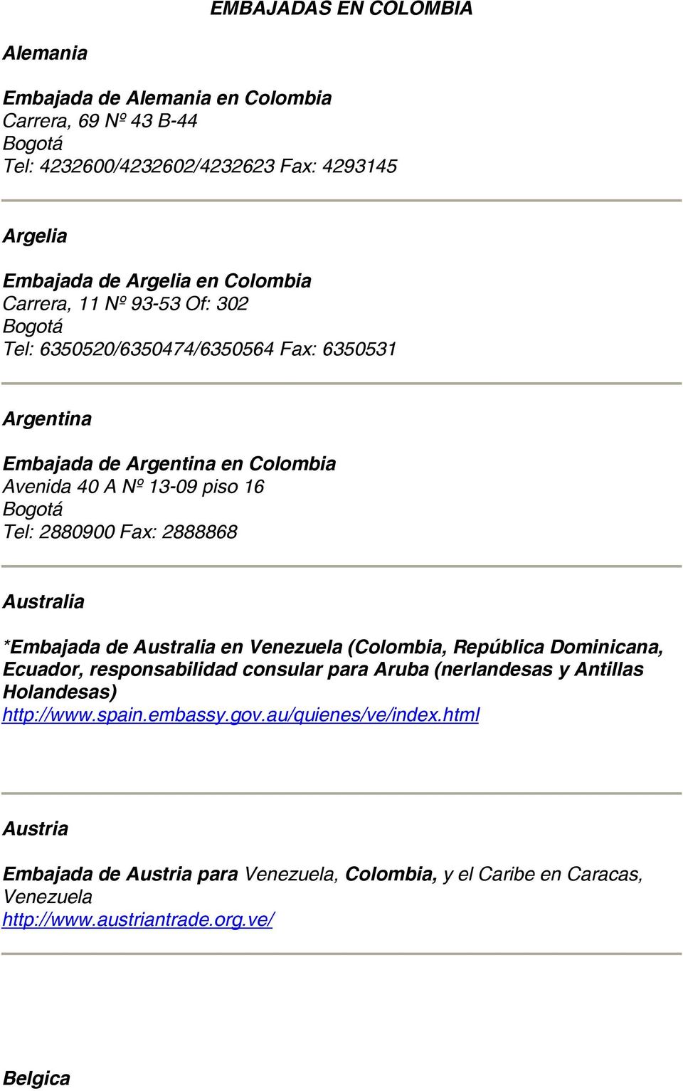 Australia *Embajada de Australia en Venezuela (Colombia, República Dominicana, Ecuador, responsabilidad consular para Aruba (nerlandesas y Antillas Holandesas) http://www.