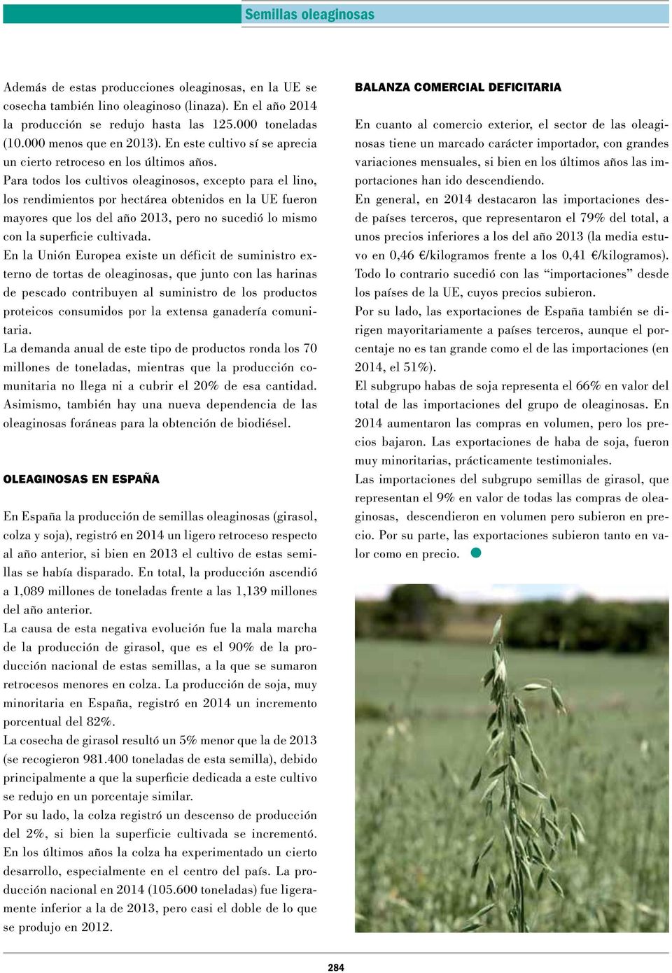 Para todos los cultivos oleaginosos, excepto para el lino, los rendimientos por hectárea obtenidos en la UE fueron mayores que los del año 2013, pero no sucedió lo mismo con la superficie cultivada.