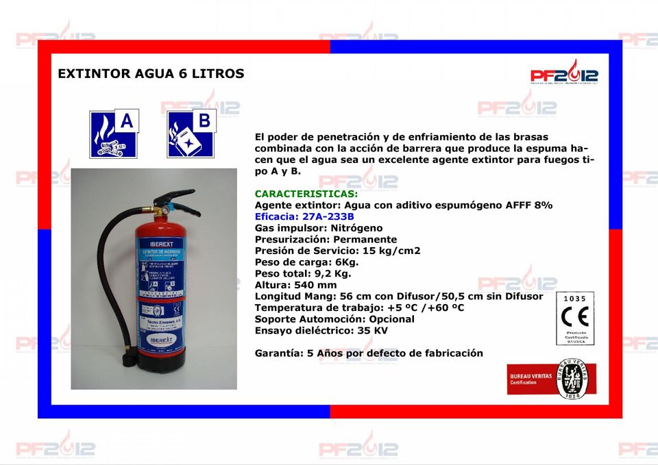 Agente extintor: Agua con aditivo espumógeno AFFF 8% Eficacia: 27A-233B Gas impulsor: Nitrógeno Presión de Servicio: 15 kg/cm2 Peso de