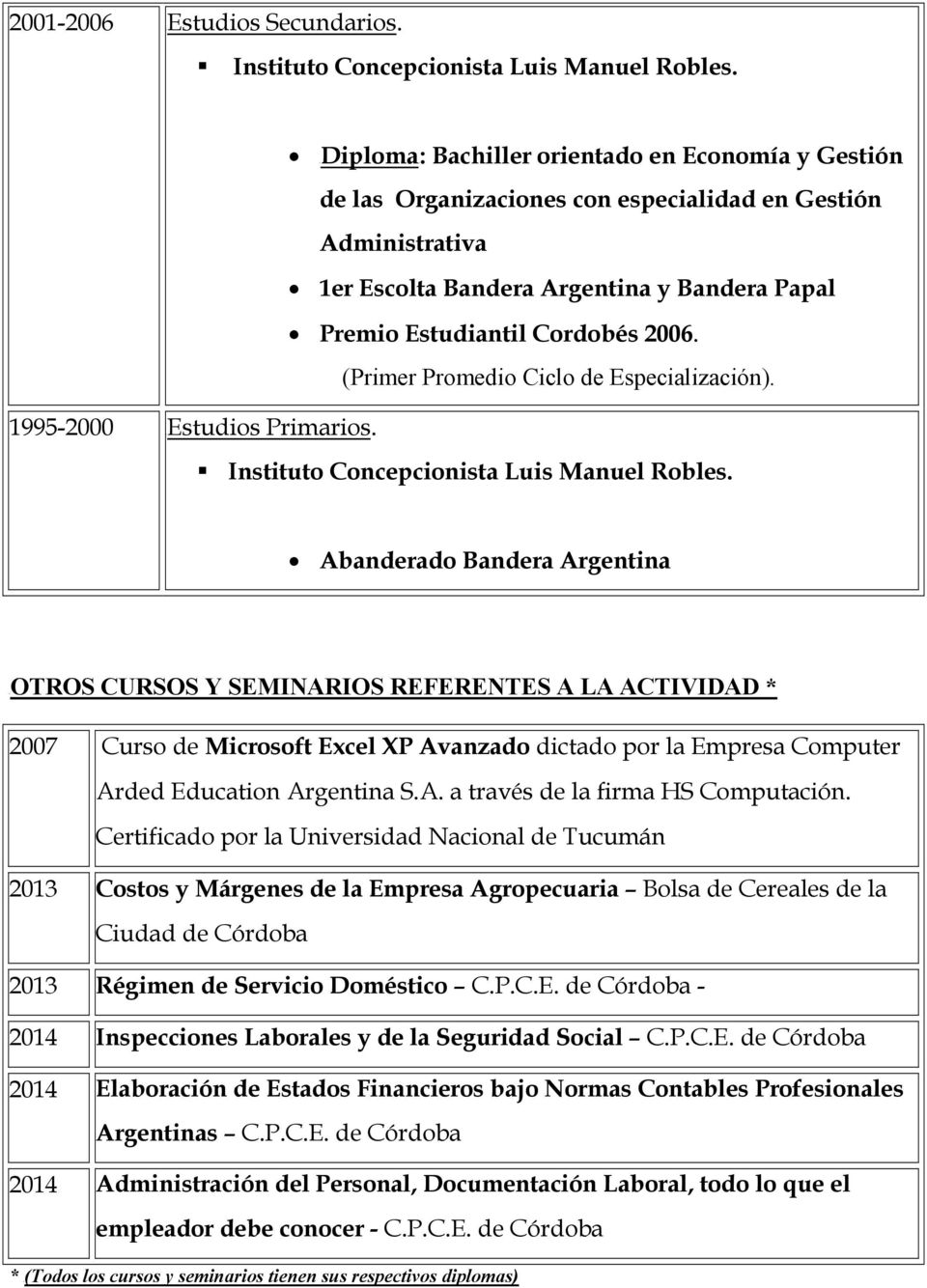 (Primer Promedio Ciclo de Especialización). 1995-2000 UEstudios Primarios. Instituto Concepcionista Luis Manuel Robles.