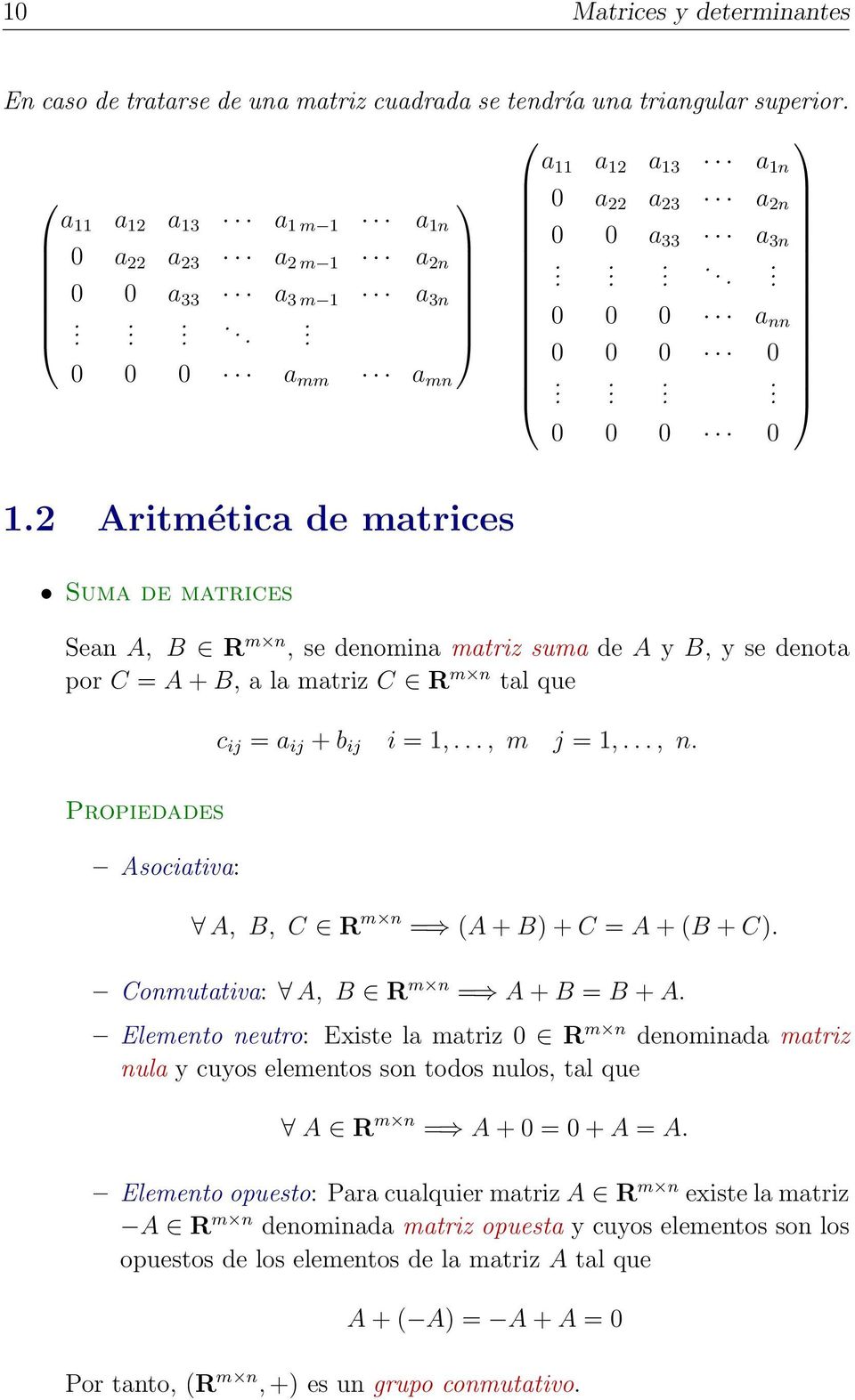 2 Aritmética de matrices Suma de matrices Sean A, B R m n, se denomina matriz suma de A y B, y se denota por C = A + B, a la matriz C R m n tal que c ij = a ij + b ij i = 1,..., m j = 1,..., n.