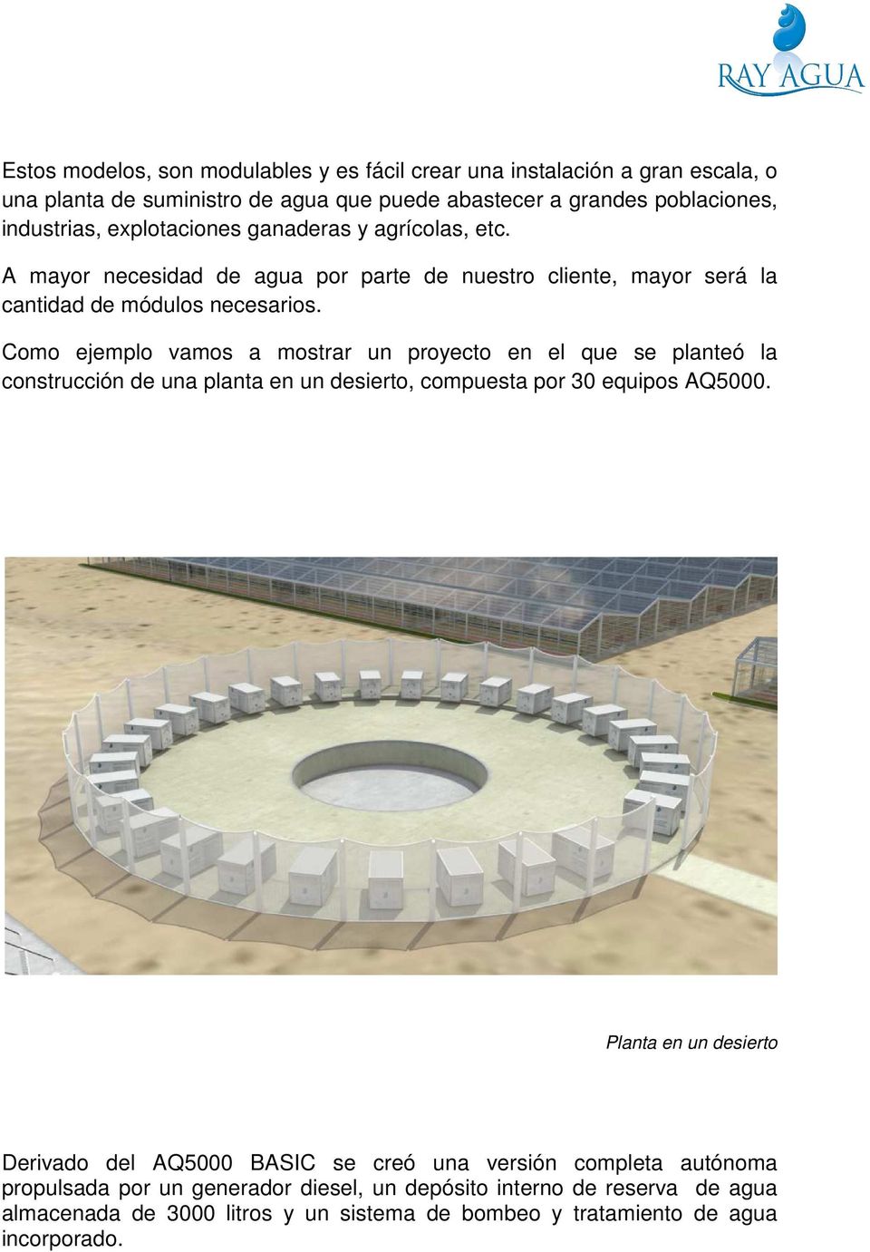 Como ejemplo vamos a mostrar un proyecto en el que se planteó la construcción de una planta en un desierto, compuesta por 30 equipos AQ5000.