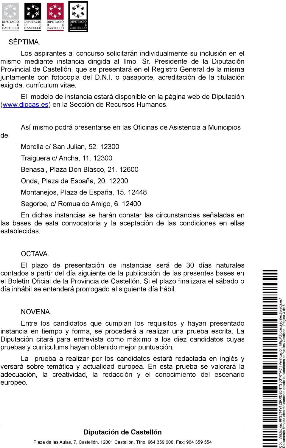 o pasaporte, acreditación de la titulación exigida, currículum vitae. El modelo de instancia estará disponible en la página web de Diputación (www.dipcas.es) en la Sección de Recursos Humanos.