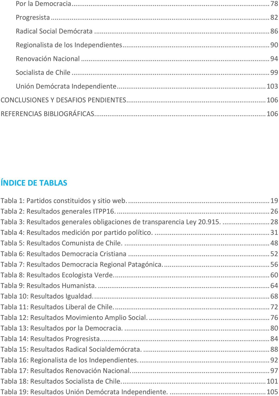 ... 26 Tabla 3: Resultados generales obligaciones de transparencia Ley 20.915.... 28 Tabla 4: Resultados medición por partido político.... 31 Tabla 5: Resultados Comunista de Chile.