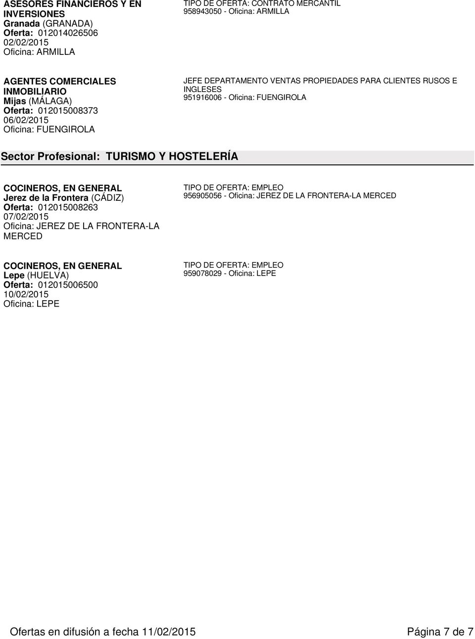 FUENGIROLA Sector Profesional: TURISMO Y HOSTELERÍA COCINEROS, EN Jerez de la Frontera (CÁDIZ) Oferta: 012015008263 Oficina: JEREZ DE LA FRONTERA-LA MERCED 956905056
