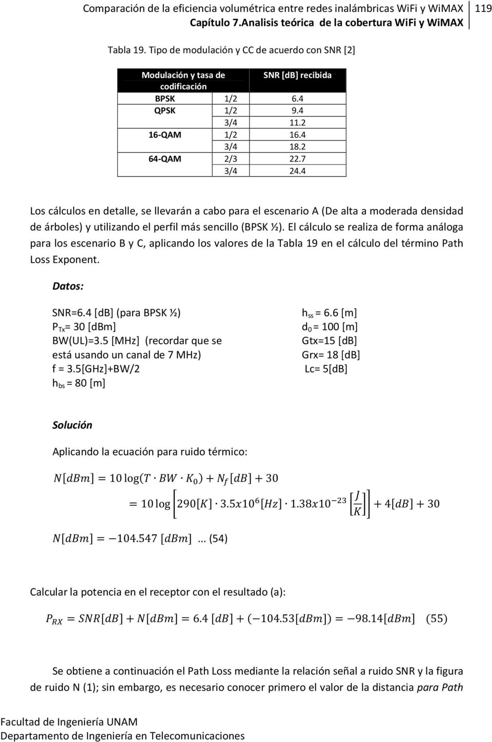 El cálculo se realiza de forma análoga para los escenario B y C, aplicando los valores de la Tabla 19 en el cálculo del término Path Loss Exponent. Datos: SNR=6.