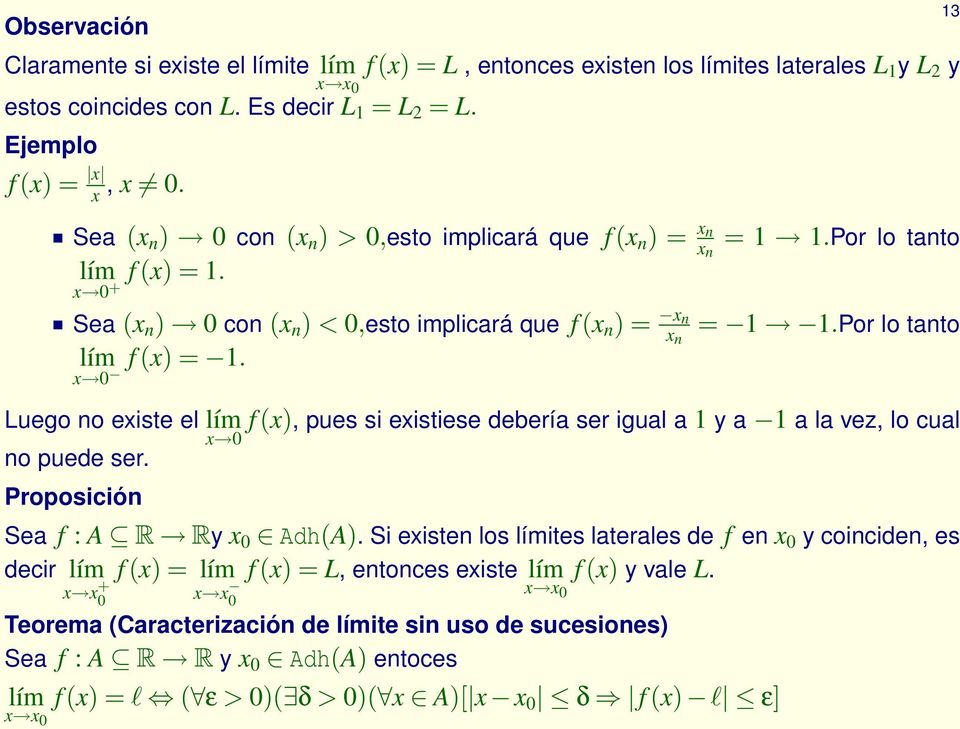 Por lo tanto Luego no eiste el 0 f(), pues si eistiese debería ser igual a 1 y a 1 a la vez, lo cual no puede ser. Proposición Sea f : A R Ry 0 Adh(A).