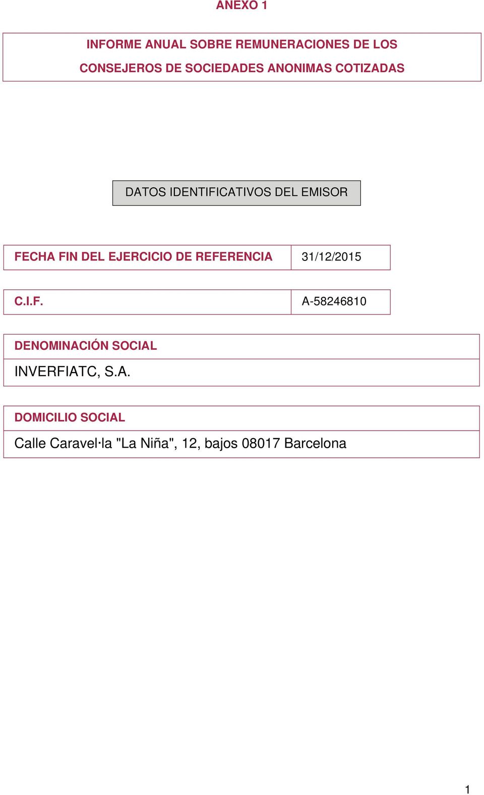 EJERCICIO DE REFERENCIA 31/12/ C.I.F. A-58246810 DENOMINACIÓN SOCIAL INVERFIATC, S.