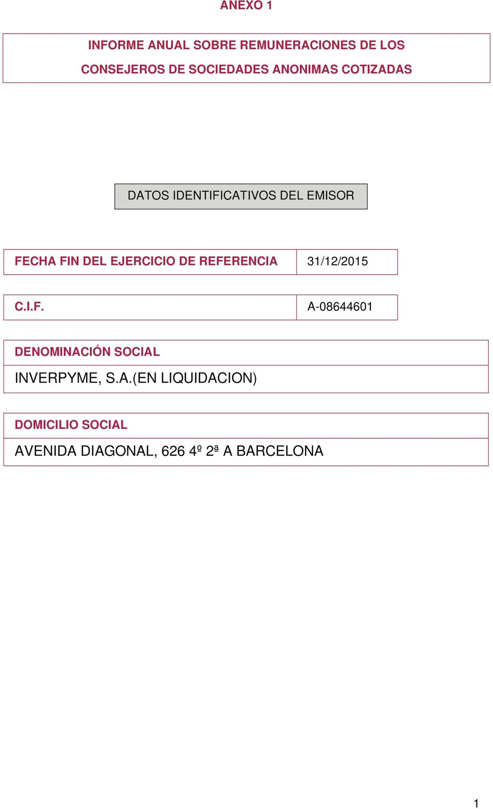 EJERCICIO DE REFERENCIA 31/12/ C.I.F. A-08644601 DENOMINACIÓN SOCIAL INVERPYME, S.