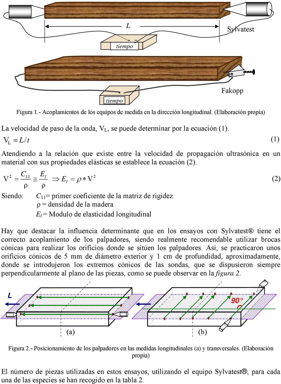 2 C11 El 2 V = E = ρ V (2) l ρ ρ Siendo: C 11 = primer coeficiente de la matriz de rigidez ρ = densidad de la madera E l = Modulo de elasticidad longitudinal Hay que destacar la influencia