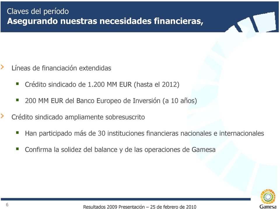 200 MM EUR (hasta el 2012) 200 MM EUR del Banco Europeo de Inversión (a 10 años) Crédito