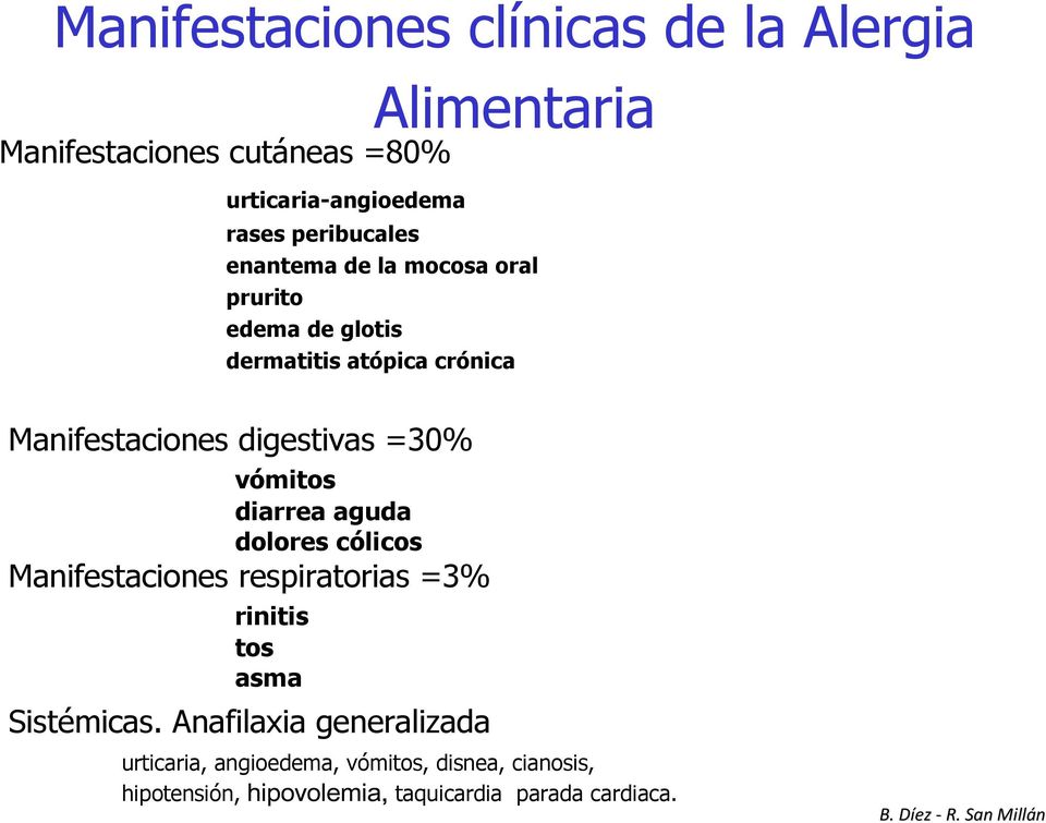 digestivas =30% vómitos diarrea aguda dolores cólicos Manifestaciones respiratorias =3% rinitis tos asma