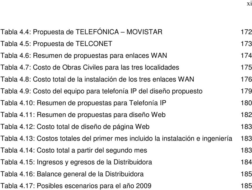 9: Costo del equipo para telefonía IP del diseño propuesto 179 Tabla 4.10: Resumen de propuestas para Telefonía IP 180 Tabla 4.11: Resumen de propuestas para diseño Web 182 Tabla 4.