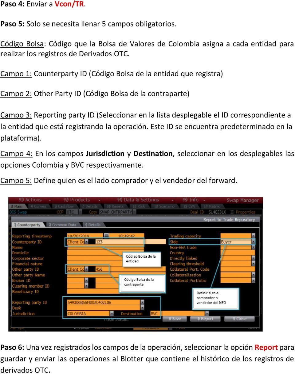 Campo 1: Counterparty ID (Código Bolsa de la entidad que registra) Campo 2: Other Party ID (Código Bolsa de la contraparte) Campo 3: Reporting party ID (Seleccionar en la lista desplegable el ID
