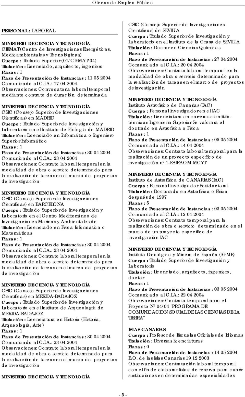: 17 04 2004 Observaciones: Convocatoria laboral temporal mediante contrato de duración determinada CSIC (Consejo Superior de Investigaciones Científicas) en MADRID Cuerpo : Titulado Superior de