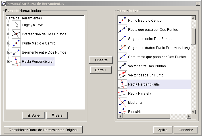 herramientas correspondiente. Dicha ventana contiene todas las herramientas disponibles de GeoGebra. 3. En la lista del lado izquierdo de la ventana seleccione la palabra Separador.