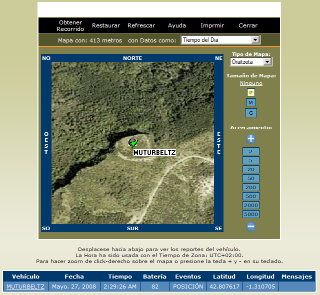 Figura 3. Ventana de mapa Las ubicaciones de los dispositivos de localización GPS se muestran en 2 tipos de planos: Standard y Ortofotos.