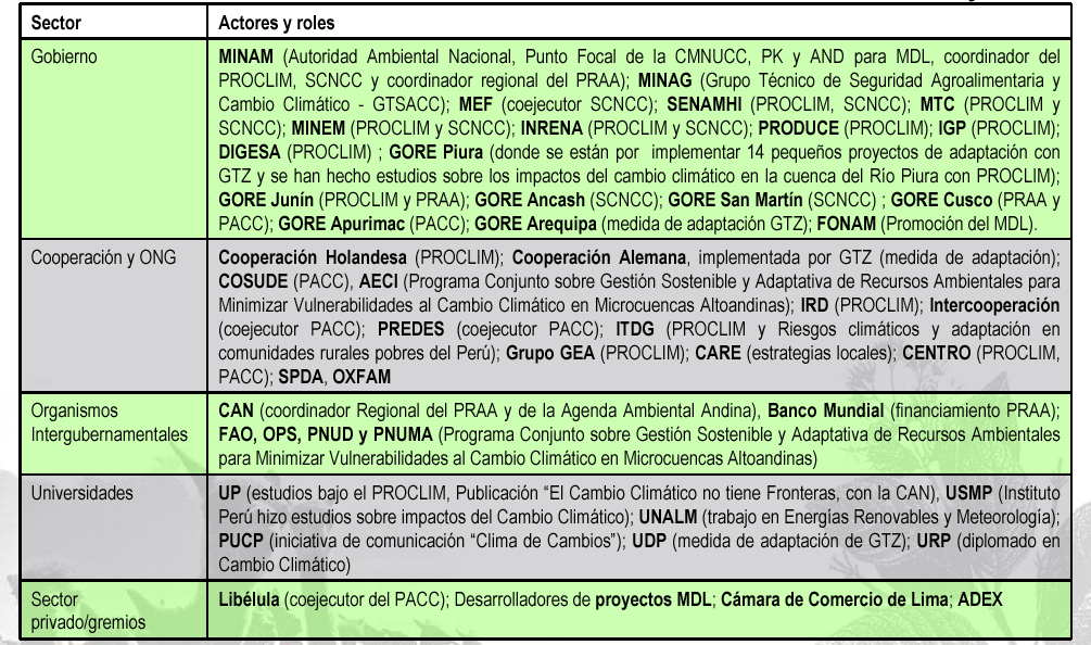 Gestión del cambio climático en el Perú: Instituciones centrales y roles Gobierno MINAM (Autoridad Ambiental Nacional, Punto Focal de la CMNUCC, PK y AND para MDL, coordinador del PROCLIM, SCNCC y