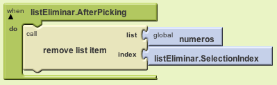 Cuando seleccionemos un elemento del ListPicker tenemos que borrarlo: Además, tendríamos que actualizar la etiqueta con los números: El bloque de arriba y el utilizado al