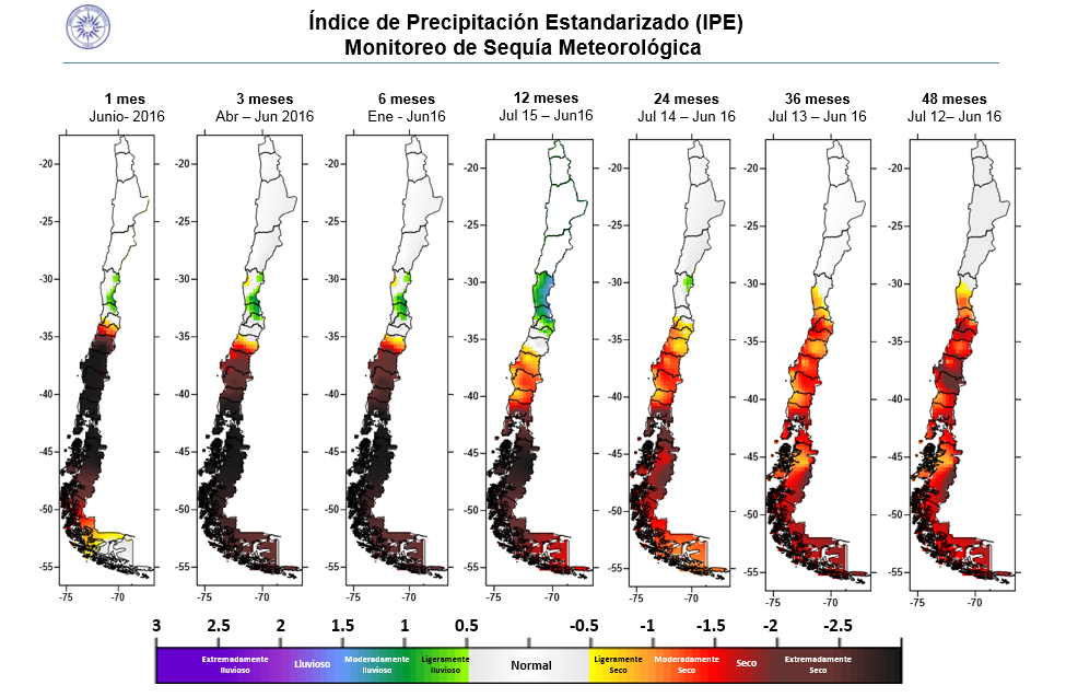 Fig.4: Mapas de índice estandarizado de precipitación (IPE) en Chile Centro-Sur, para 1,3,6,12,24,36 y 48