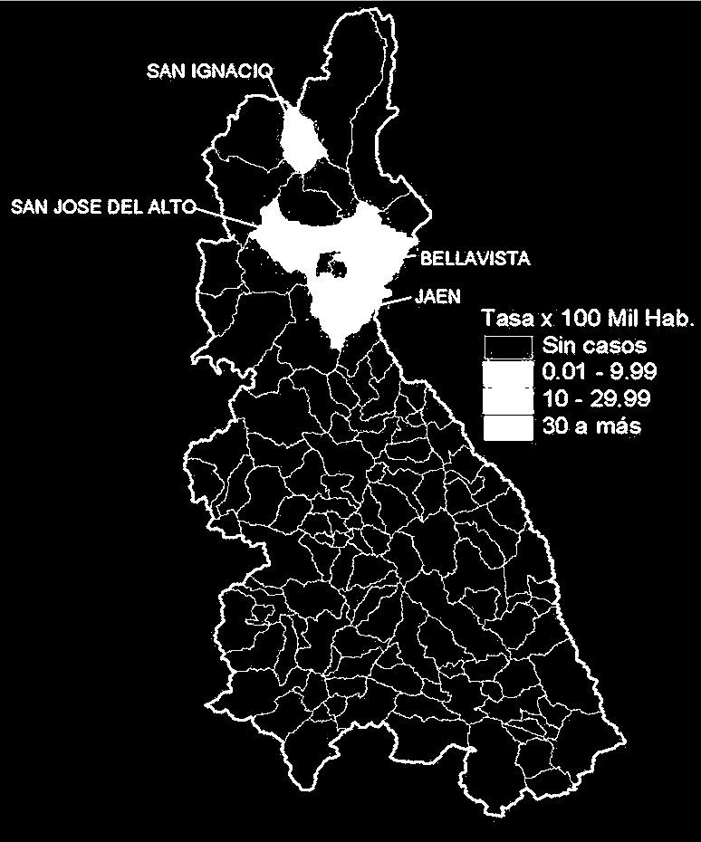 DENGUE: Departamento Cajamarca 2015* Curva de casos de dengue en Cajamarca 2012 2015* 2012 2013 2014 2015* Mapa de incidencia Cajamarca 2015* 3208 85 318 22 de riesgo de dengue en Cajamarca Distritos