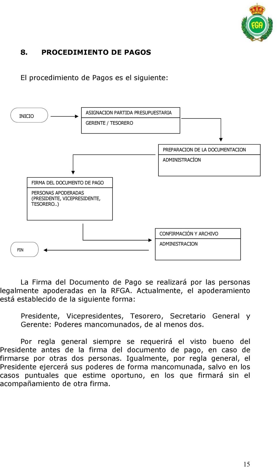 .) CONFIRMACIÓN Y ARCHIVO FIN ADMINISTRACION La Firma del Documento de Pago se realizará por las personas legalmente apoderadas en la RFGA.