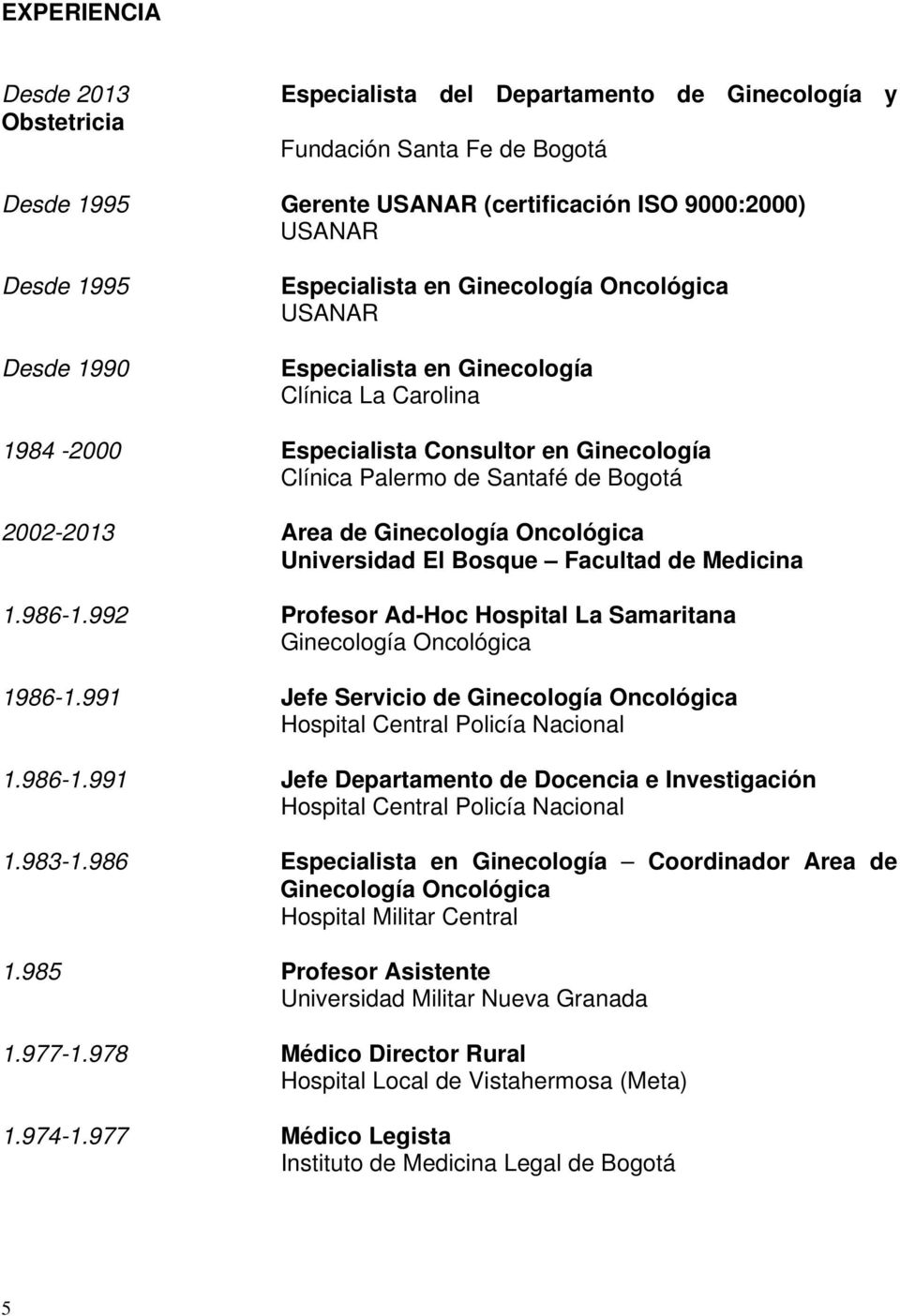 Ginecología Oncológica Universidad El Bosque Facultad de Medicina 1.986-1.992 Profesor Ad-Hoc Hospital La Samaritana Ginecología Oncológica 1986-1.