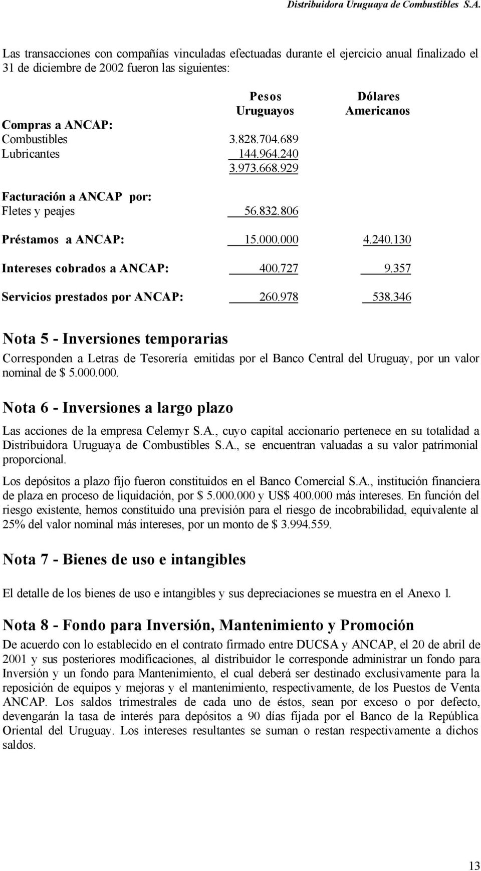 357 Servicios prestados por ANCAP: 260.978 538.346 Nota 5 - Inversiones temporarias Corresponden a Letras de Tesorería emitidas por el Banco Central del Uruguay, por un valor nominal de $ 5.000.