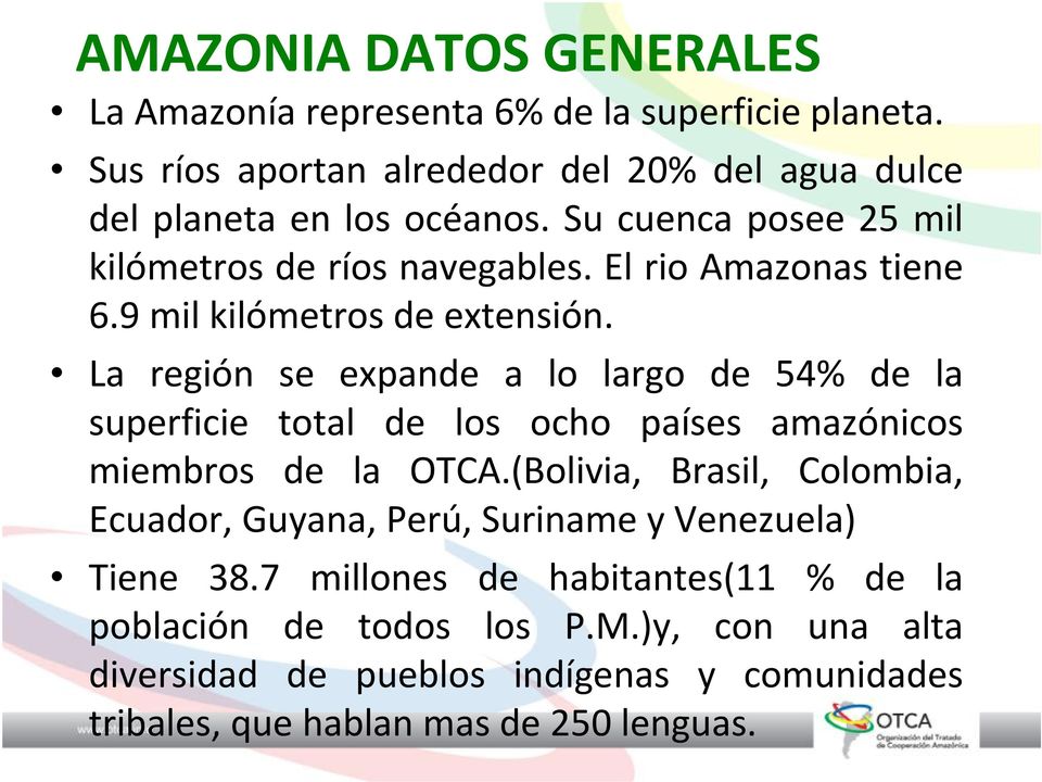 La región se expande a lo largo de 54% de la superficie total de los ocho países amazónicos miembros de la OTCA.