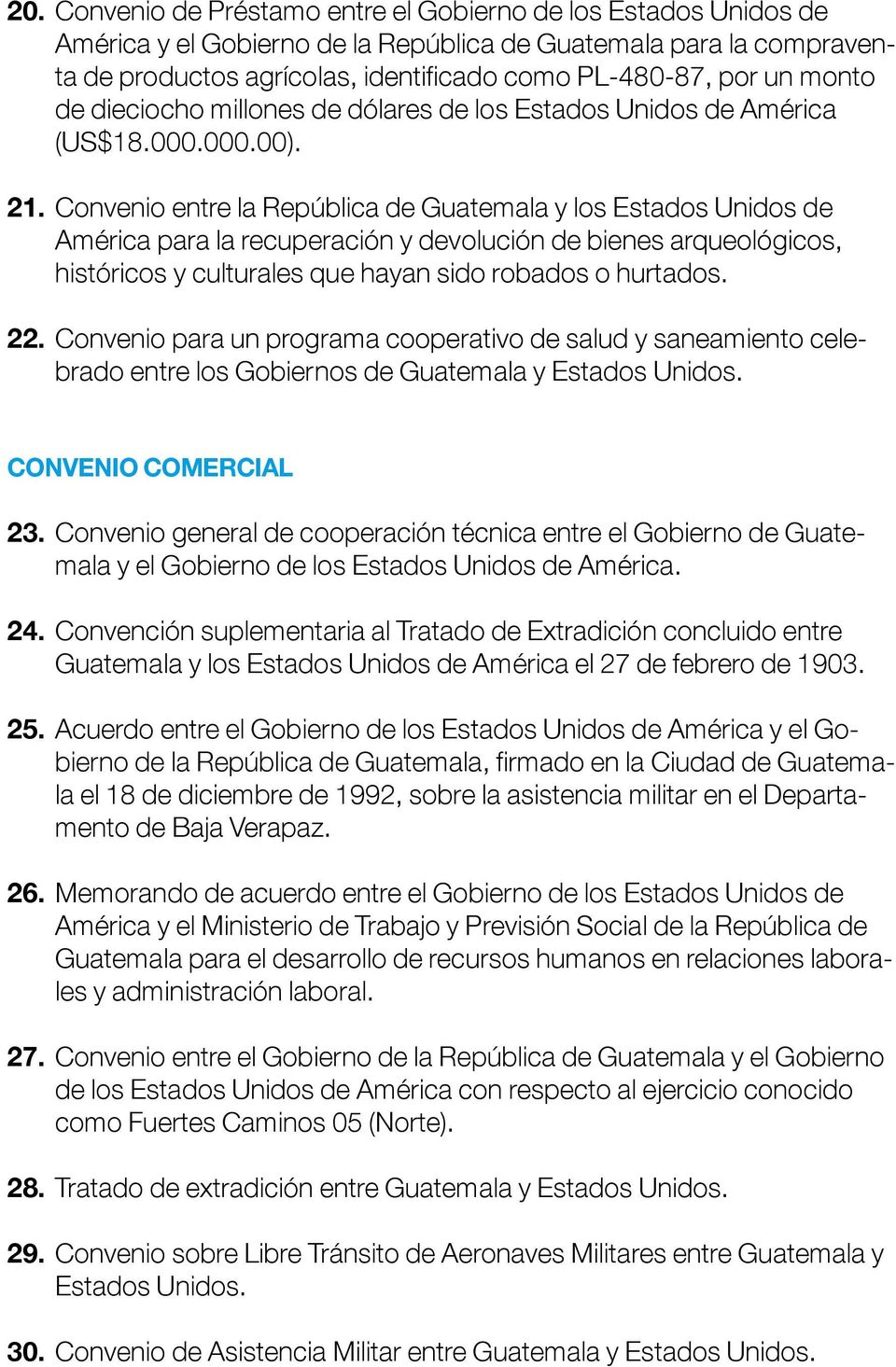 Convenio entre la República de Guatemala y los Estados Unidos de América para la recuperación y devolución de bienes arqueológicos, históricos y culturales que hayan sido robados o hurtados. 22.