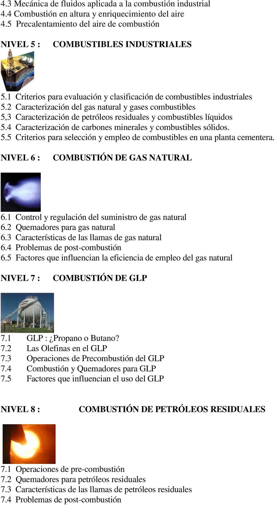 4 Caracterización de carbones minerales y combustibles sólidos. 5.5 Criterios para selección y empleo de combustibles en una planta cementera. NIVEL 6 : COMBUSTIÓN DE GAS NATURAL 6.
