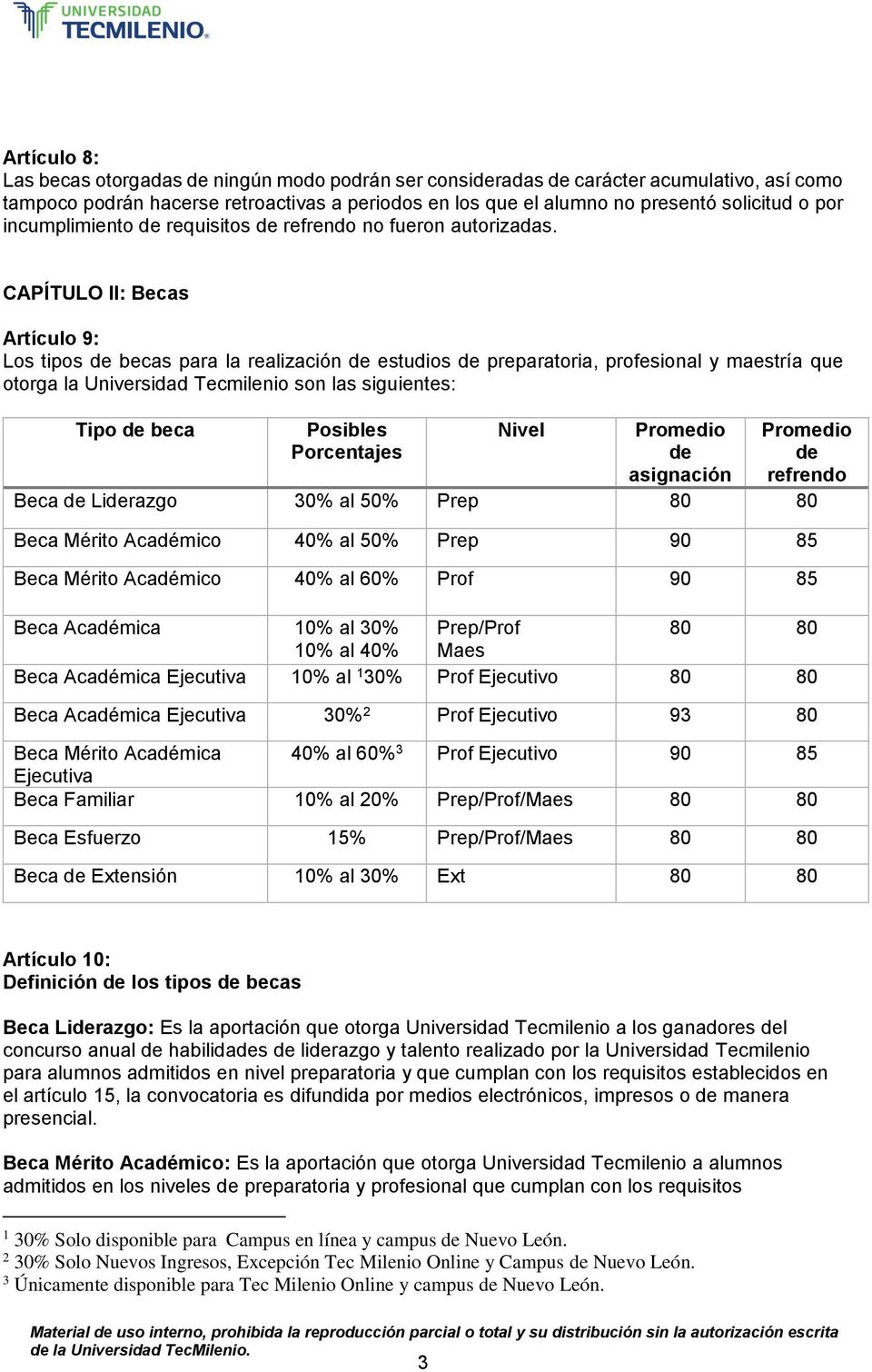 CAPÍTULO II: Becas Artículo 9: Los tipos de becas para la realización de estudios de preparatoria, profesional y maestría que otorga la Universidad Tecmilenio son las siguientes: Tipo de beca