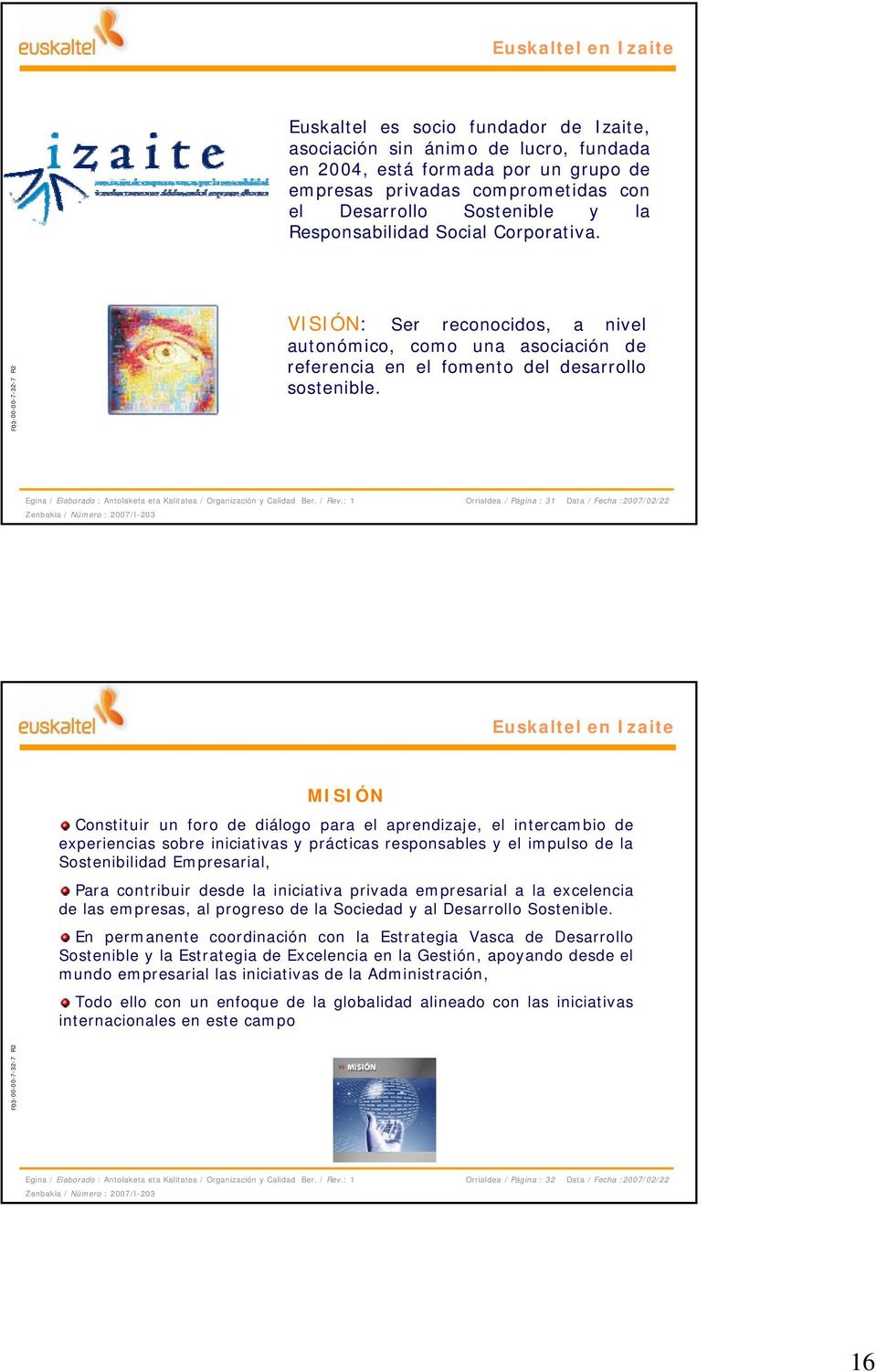 Orrialdea / Página : 31 Data / Fecha :2007/02/22 Euskaltel en Izaite MISIÓN Constituir un foro de diálogo para el aprendizaje, el intercambio de experiencias sobre iniciativas y prácticas