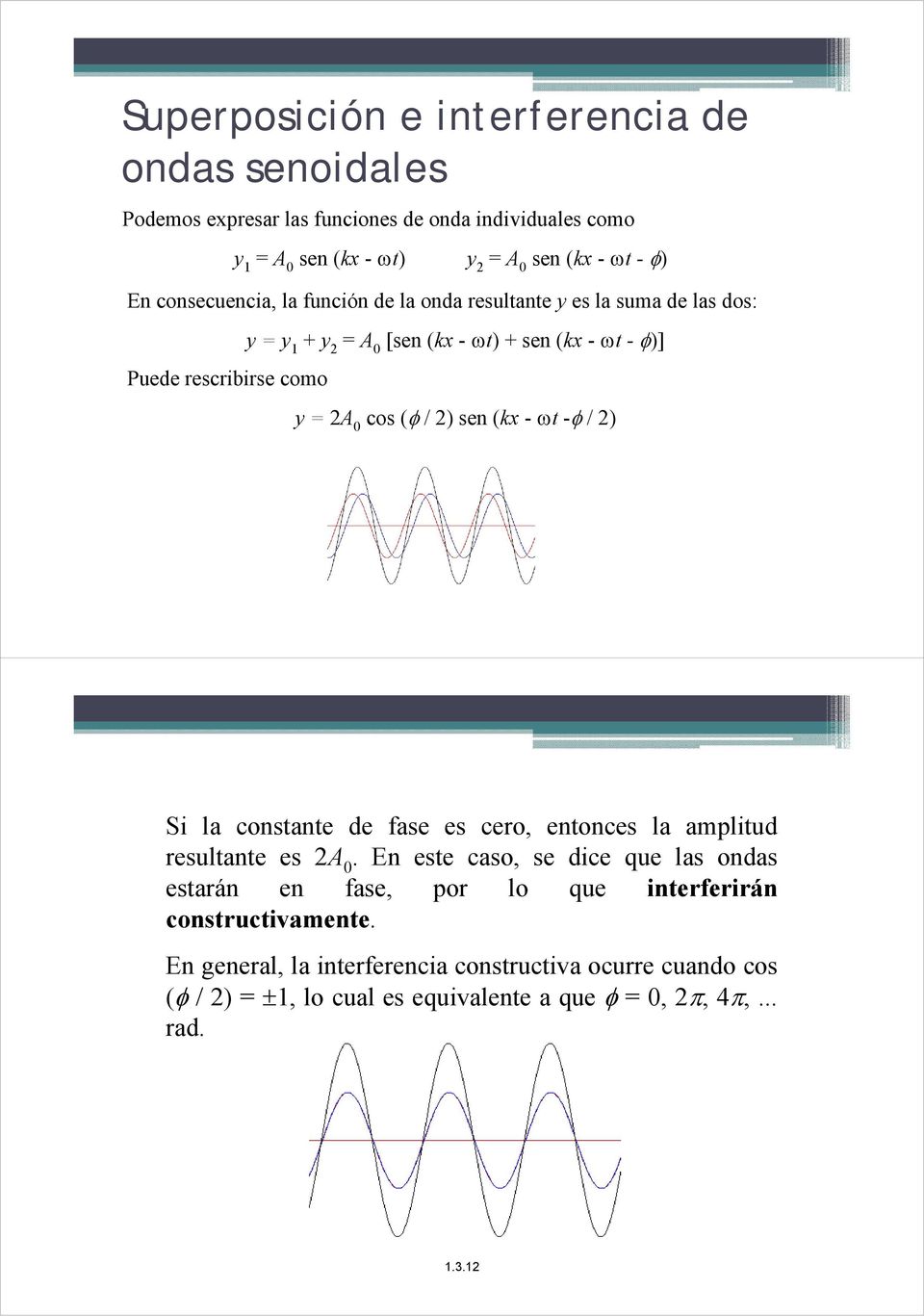 ( / ) sen (kx - t - / ) Si la constante de fase es cero, entonces la amplitud resultante es A 0.