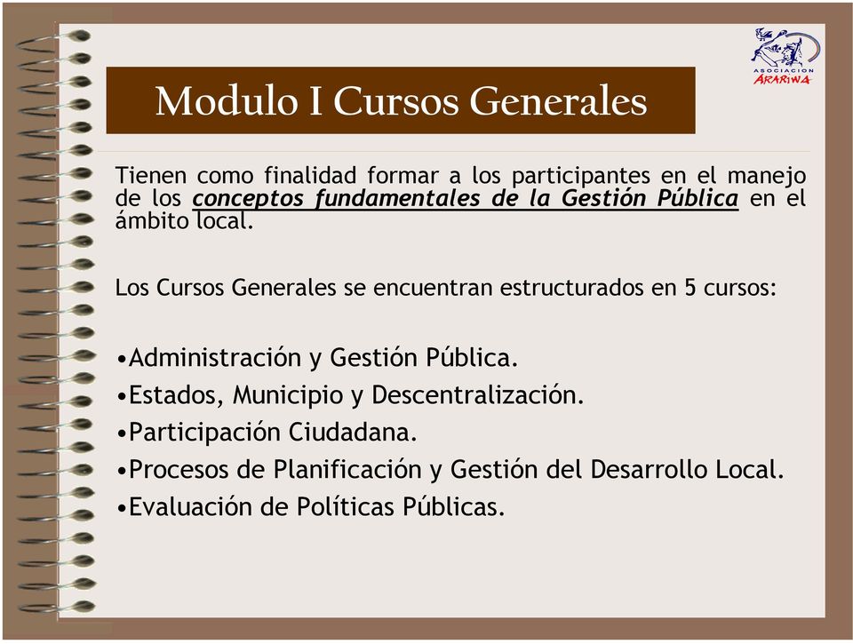 Los Cursos Generales se encuentran estructurados en 5 cursos: Administración y Gestión Pública.
