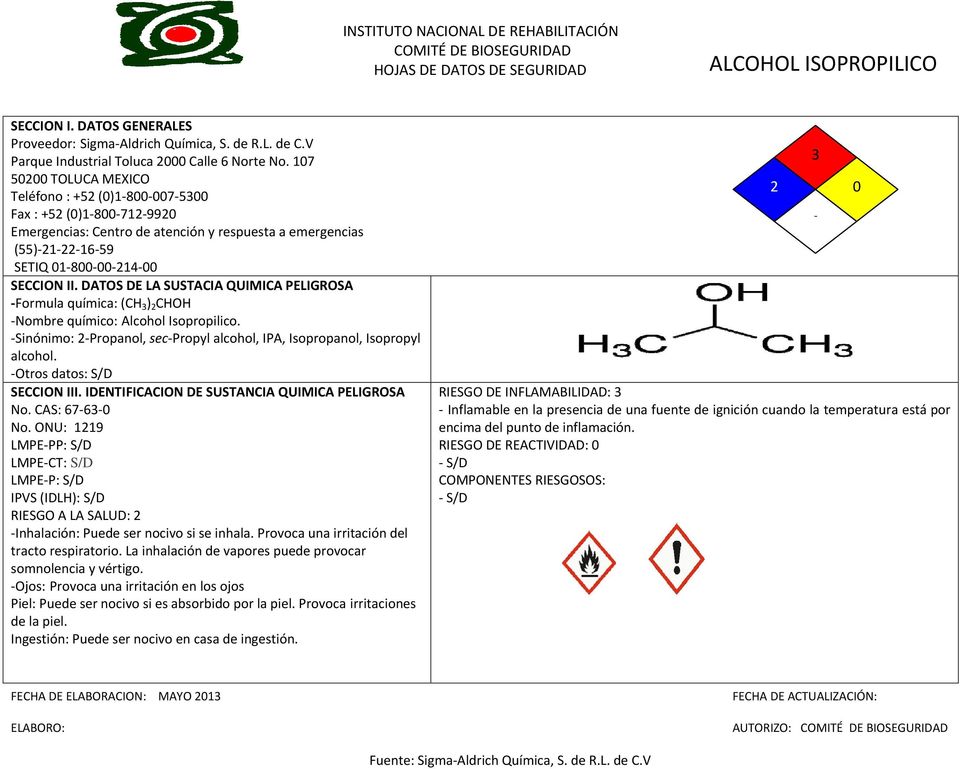 DATOS DE LA SUSTACIA QUIMICA PELIGROSA Formula química: (CH 3 ) 2 CHOH Nombre químico: Alcohol Isopropilico. Sinónimo: 2 Propanol, sec Propyl alcohol, IPA, Isopropanol, Isopropyl alcohol.