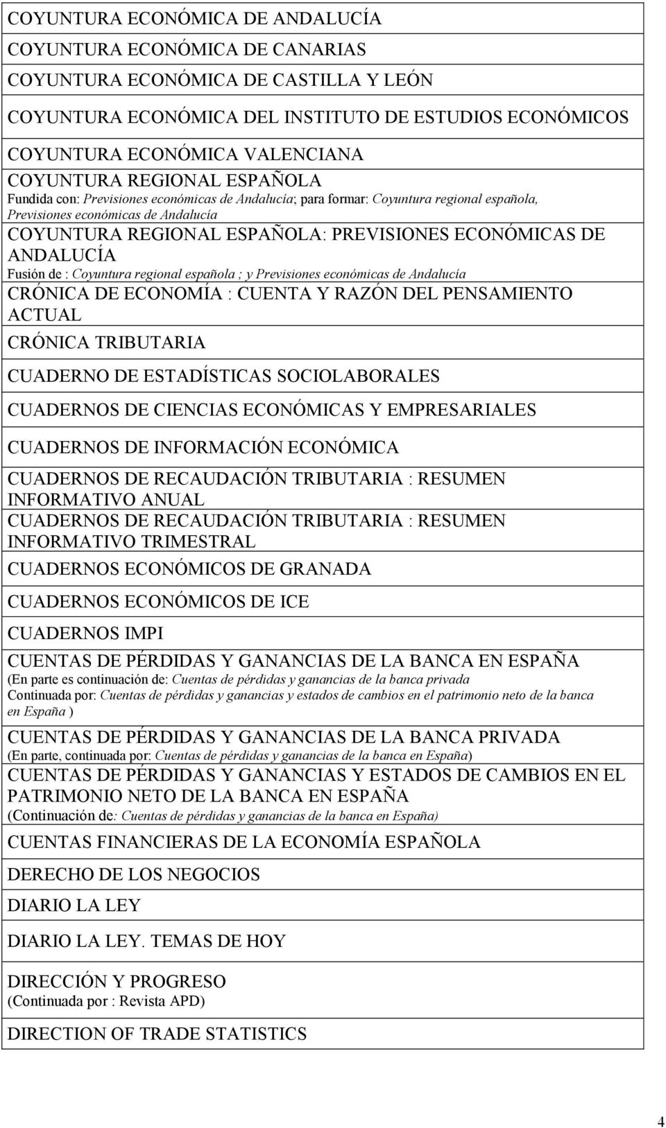 ECONÓMICAS DE ANDALUCÍA Fusión de : Coyuntura regional española ; y Previsiones económicas de Andalucía CRÓNICA DE ECONOMÍA : CUENTA Y RAZÓN DEL PENSAMIENTO ACTUAL CRÓNICA TRIBUTARIA CUADERNO DE