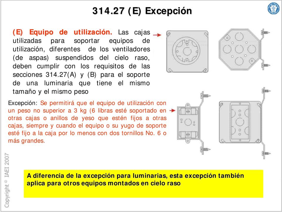 27(A) y (B) para el soporte de una luminaria que tiene el mismo tamaño y el mismo peso Excepción: Se permitirá que el equipo de utilización con un peso no superior a 3 kg (6 libras